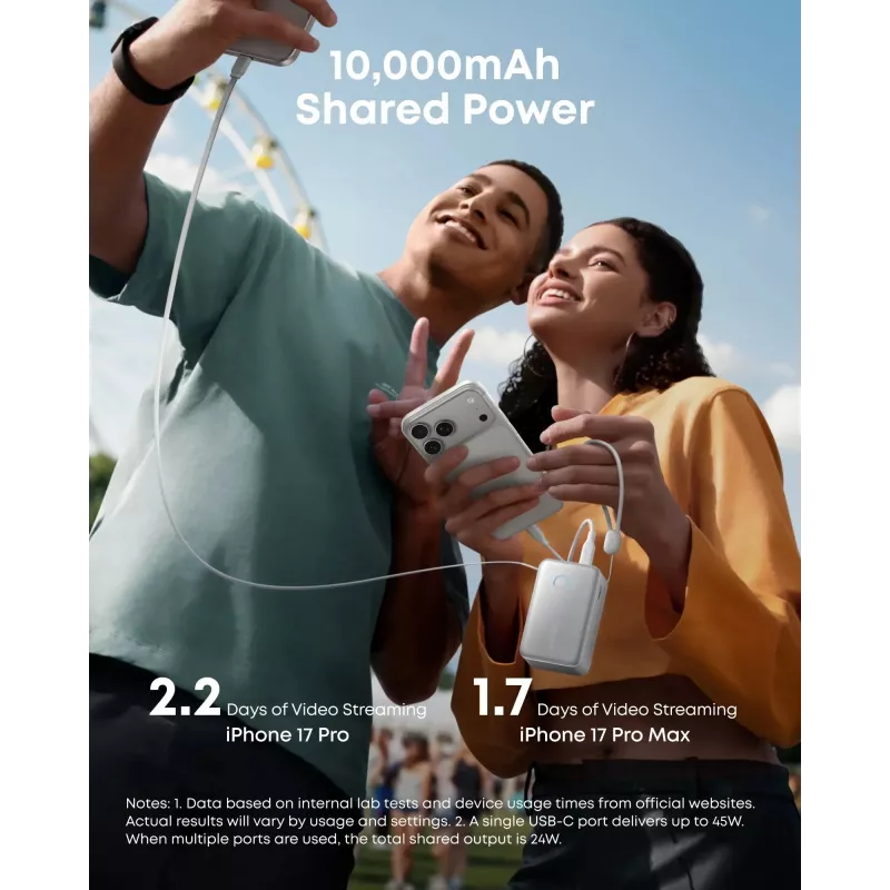 Ārējais akumulators Anker A1638 10000 mAh, 45 W kopējā izejas jauda, balts, iebūvēts izvelkams USB-C kabelis