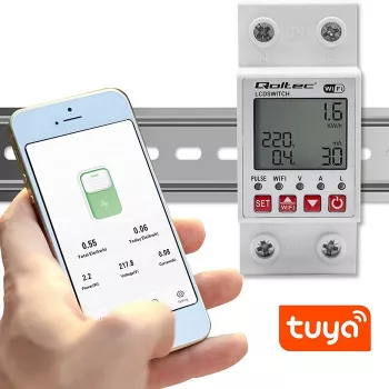 DIN-sliedes WiFi relejs QOLTEC 50990, vienkanāla, 63A pārslēgšana elektrības uzskaitei un tālvadībai