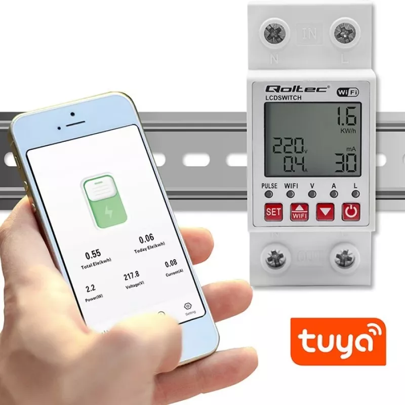 DIN-sliedes WiFi relejs QOLTEC 50990, vienkanāla, 63A pārslēgšana elektrības uzskaitei un tālvadībai