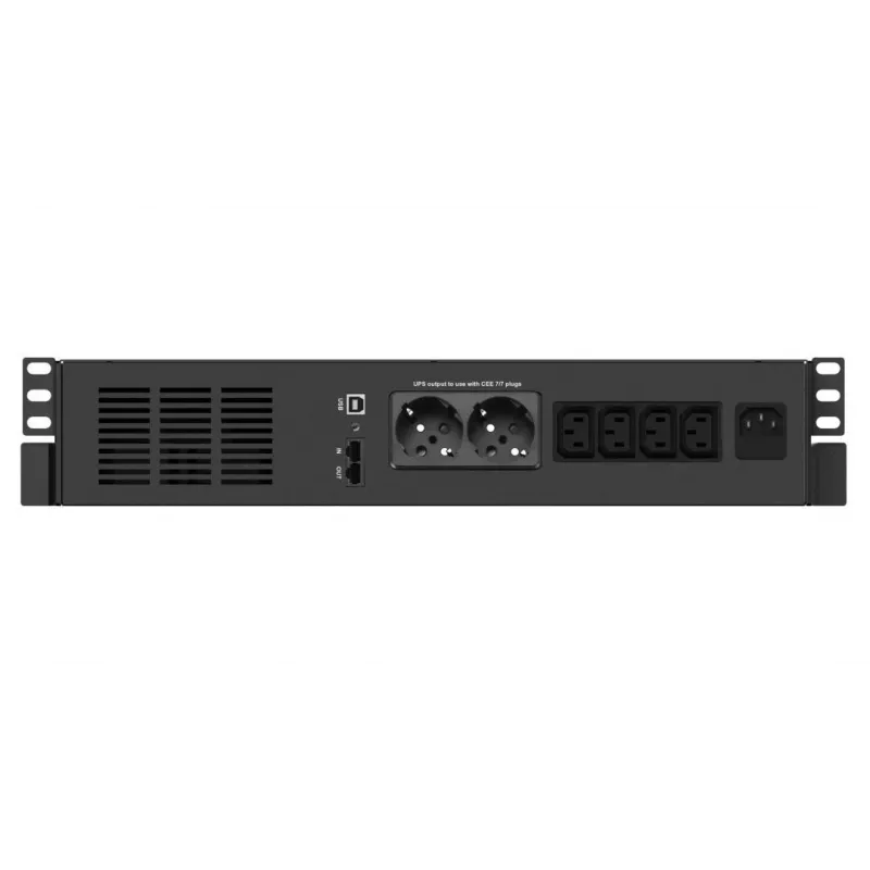 Nepārtrauktās barošanas avots Infosec X4 600 RM Plus — 0,6 kVA (360 W), 6x Type F kontaktligzdas, LCD, statīvā montējams