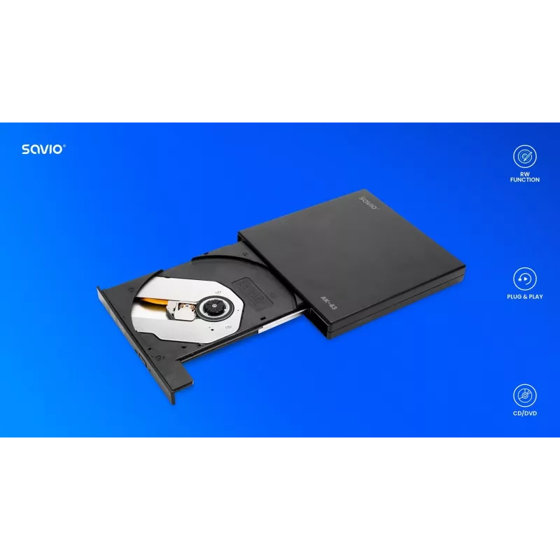 Ārējais plāns DVD±RW diskdzinis SAVIO AK-43, USB 2.0, melns, atbalsta CD/DVD lasīšanu/rakstīšanu (24x CD, 8x DVD)