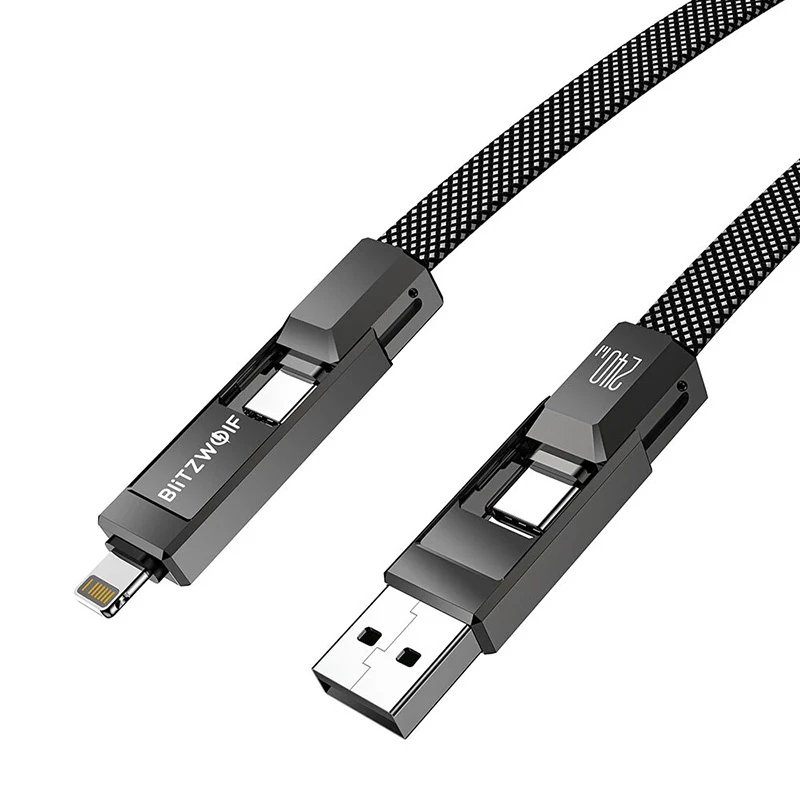 4-in-1 kabelis BlitzWolf BW-HDC7 — USB-C, Lightning, USB-A, Micro-USB 1,2 m 240 W melns