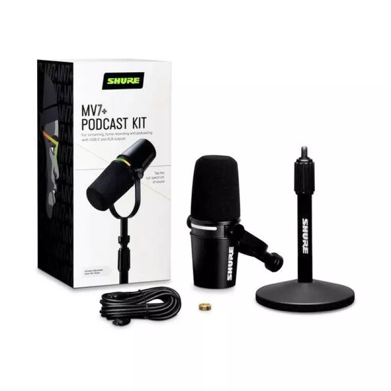 Shure MV7+-K-BNDL - pults/vokālais mikrofons ar XLR/USB-C savienotāju, melns + galda statīvs GATOR