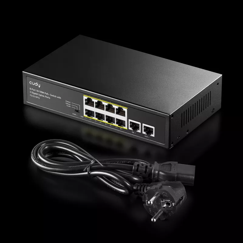 Tīkla slēdzis Cudy FS1010PG — 10/100 Mbps, 8 PoE porti, 2 augšupielādes porti, 120 W PoE budžets, metāla korpuss