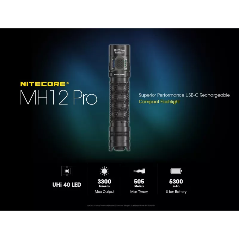 Rokas lukturis Nitecore MH12 Pro melns LED 3300 lm USB uzlādējams 5300 mAh, alumīnijs, 138,5 mm, 81,5 g, ūdensizturīgs 2 m