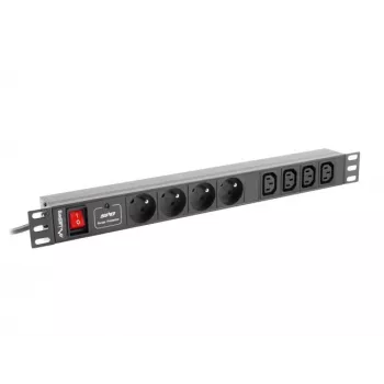 Strāvas sadales bloks LANBERG PDU-04E04I-0200-BK — 4× C13 ligzdas, 16 A, 220–250 V, 2 m kabelis, 1U horizontāls, melns