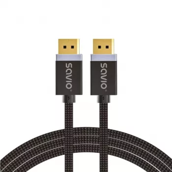 DisplayPort kabelis SAVIO CL-166 2 m melns — DisplayPort 1.4, tēviņš-tēviņš, apzeltīti kontakti