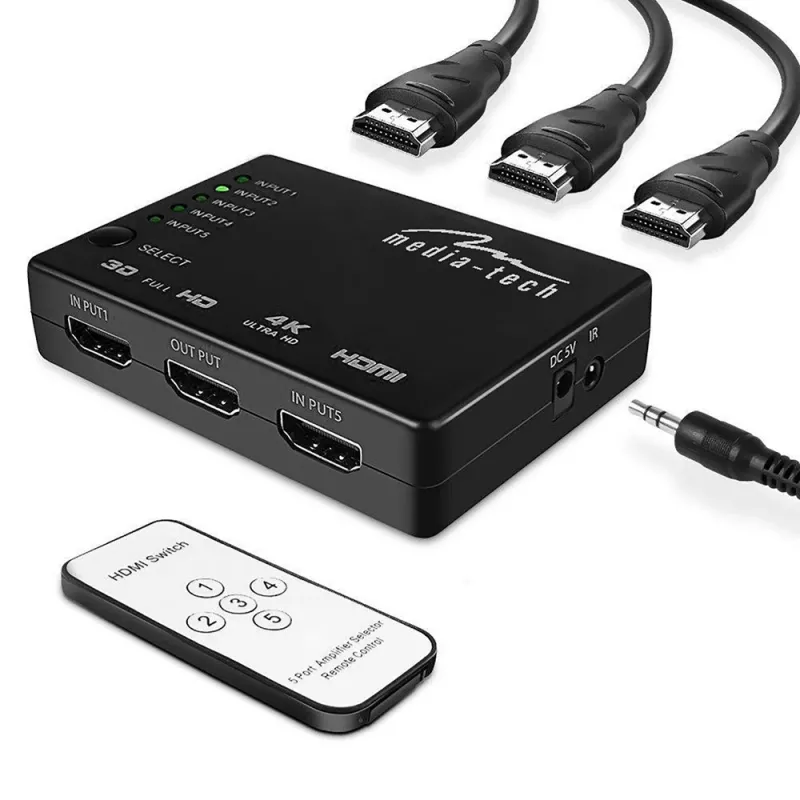 HDMI video pārslēdzējs MEDIA-TECH MT5207, 5x HDMI ieejas, 1x HDMI izeja, melns