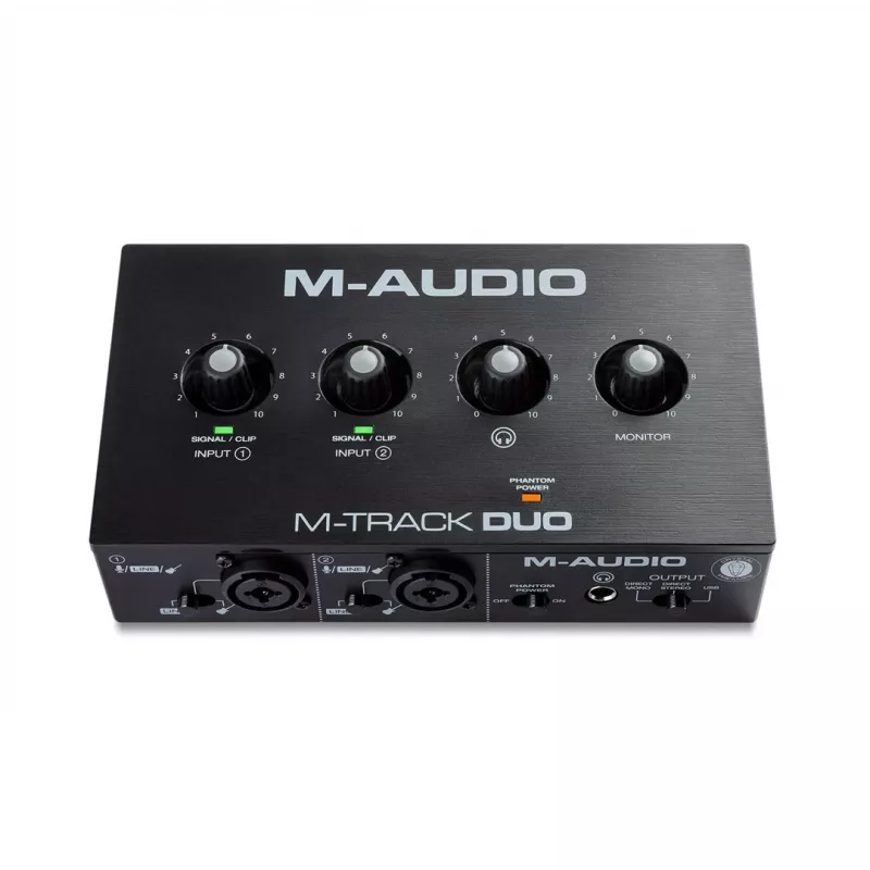 Audio interfeiss M-Audio M-Track Duo — USB 2-ieejas/2-izejas, 16 bitu/48 kHz, 1x XLR/TS combo, 1x instrumenta ieeja, fantoma 48V