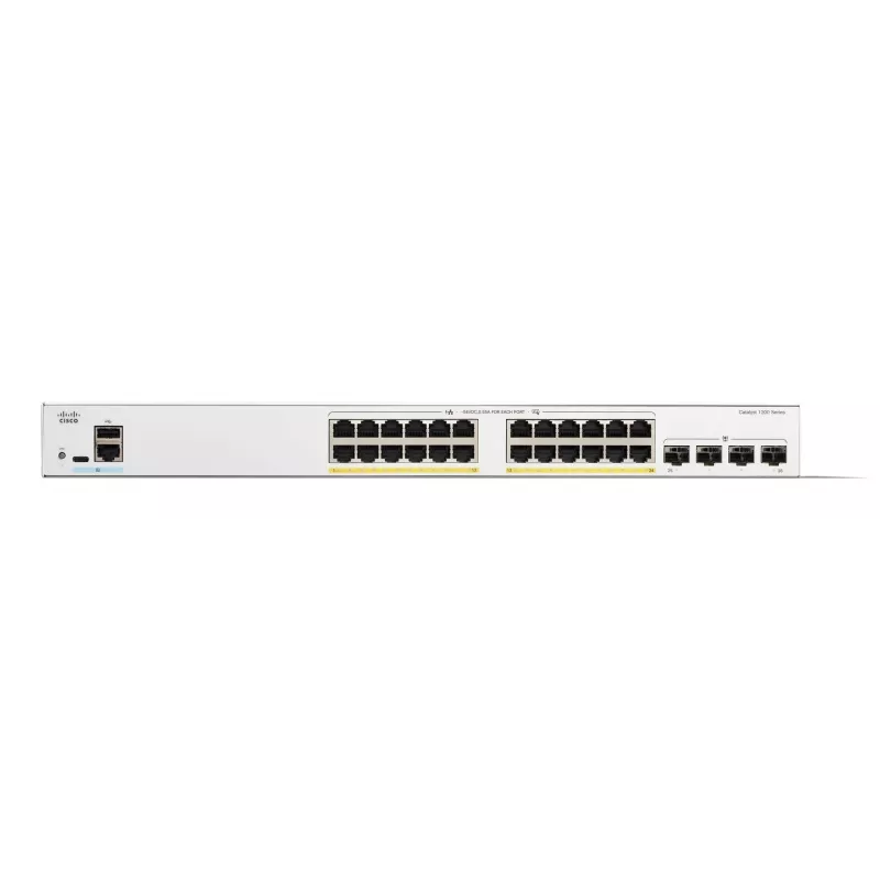 Cisco Catalyst 1200-24FP-4G viedais slēdzis, 24 porti GE, pilns PoE, 4x1GE SFP, ierobežota mūža aizsardzība (C1200-24FP-4G)