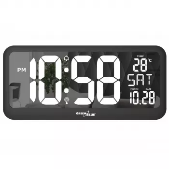 Liels digitālais pulkstenis stiprināšanai pie sienas vai brīvstāvošs ar temperatūras sensoru 37x17 cm LCD displejs strāvas adapteris un darbojas ar baterijām