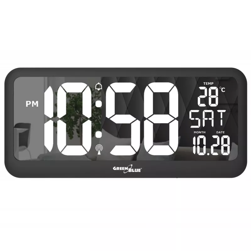 Liels digitālais pulkstenis stiprināšanai pie sienas vai brīvstāvošs ar temperatūras sensoru 37x17 cm LCD displejs strāvas adapteris un darbojas ar baterijām