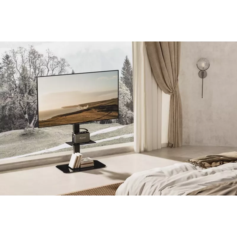 Stāvošs TV statīvs GEMBIRD TVS-86ST-01 43–86 collu televizoriem, melns, rūdīta stikla pamatne, VESA 100x100–600x400, maks. 60 kg