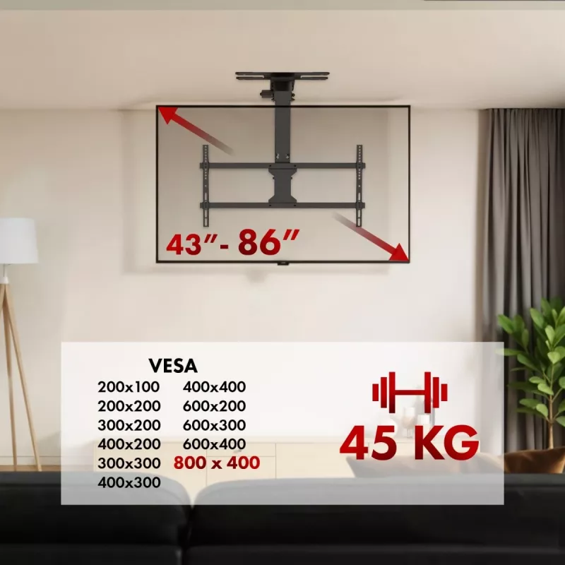 Griestu TV stiprinājums MACLEAN MC-109 T VESA 800x400 43–86 collu ekrāniem, maks. slodze 45 kg