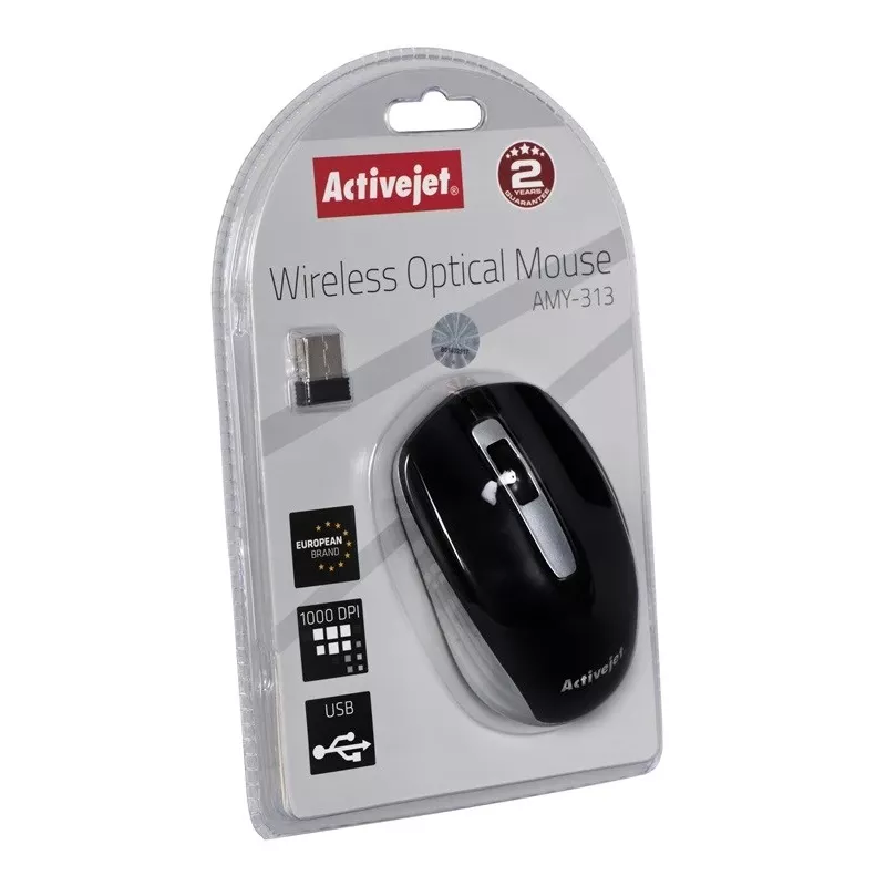 Bezvadu pele ActiveJet AMY-313, RF nano uztvērējs, optiskā 1200 DPI, abpusēja, 3 pogas, AA baterija