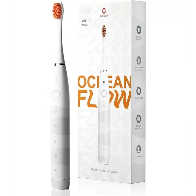 Soniskā zobu suka OCLEAN FLOW Pieaugušajiem — darbināma ar baterijām, balinošais režīms, iebūvēts taimeris, regulējams ātrums, 255 mm augstums, balta, 0,13 kg, 1 rokturis + 1 sukas galviņa