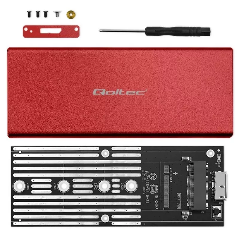 SSD korpuss QOLTEC 51831 USB 3.0 M.2 SATA diskiem līdz 2TB, sarkans, atbalsta 30 mm garumu, līdz 4 diskiem