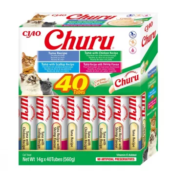 Mitrie kaķu kārumi INABA Churu Variety Box — tunzivs, 40 × 14 g pastas paciņas, bezgraudu, bezglutēna