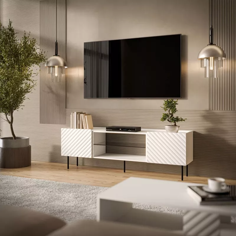 TV skapis cama meble LUCCA 180x40x59 cm — balta skaidu plātnes virsma, balts rāmis