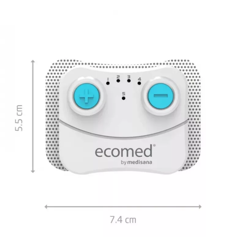 Elektrostimulators Medisana TT-10E TENS bezvada uzlādējama ierīce — 5 programmas, 10 intensitātes līmeņi, 2 elektrodi (74×55 mm)
