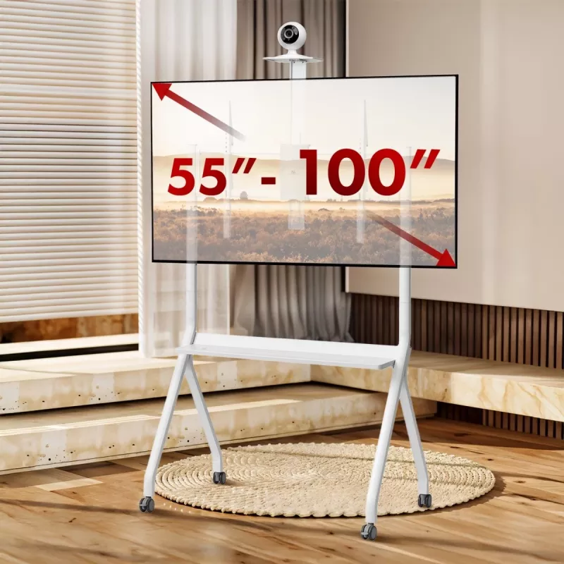 Grīdas TV statīvs MACLEAN MC-114 W displejiem 55 collas–100 collas, balts, VESA līdz 900x600, maks. slodze 120 kg, augstums 115–152 cm, plaukts