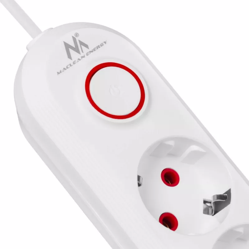 Strāvas sloksne MACLEAN MCE394W — 3 rozetes, 3×USB 2.1A, 110–240V AC, 2500W, 1,5 m kabelis, balta