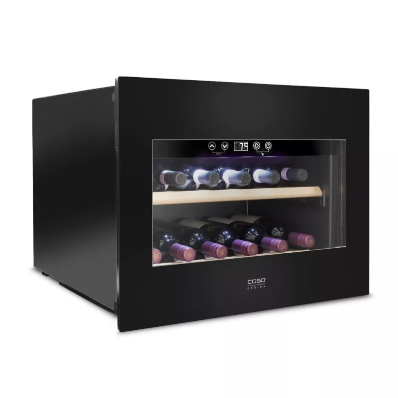 Iebūvējams vīna skapis Caso WineDeluxe E 18 — 18 pudelēm, augstums 46 cm, melns, energoefektivitātes klase G