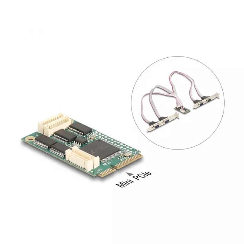 Iekšējā RS-232 saskarnes karte DELOCK 95278 — Mini PCI Express resursdators, 4× RS-232 izejas, FIFO 256 B, 30×51×10 mm