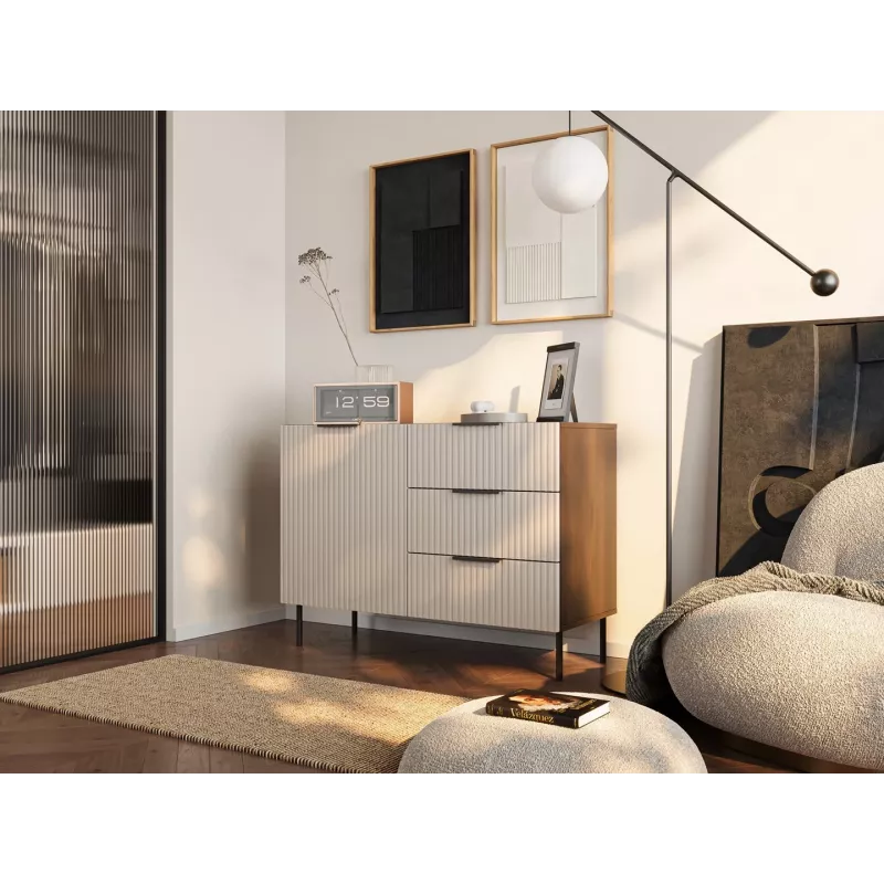 Kumode Cama Meble ALMERA 104x42x75 cm, riekstkoka/kašmira krāsā, 3 atvilktnes, skaidu plāksne