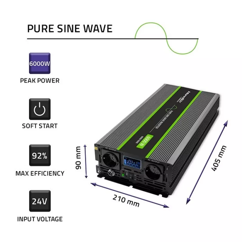 Qoltec 51923 Tīra sinusoīda invertors Monolith | 3000W | 6000W | 24V līdz 230V | LCD