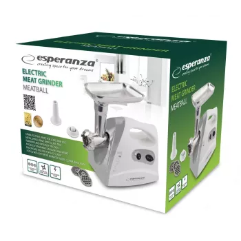 Esperanza EKM012E Meatball elektriskā gaļas mašīna, 600 W, 3 griešanas plāksnes, desu un kebbe uzgaļi, pelēka