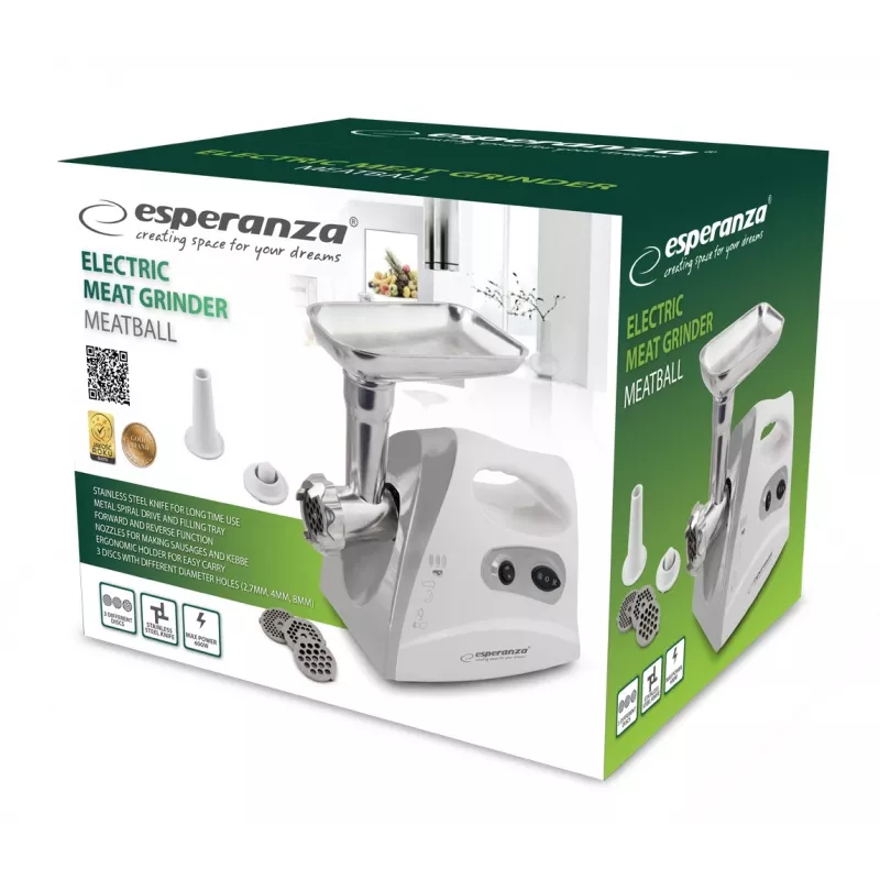 Elektriskā gaļas maļamā mašīna ESPERANZA EKM012E 600 W, pelēka, 2,6 kg, reverss, desu uzgalis, kebe veidotājs