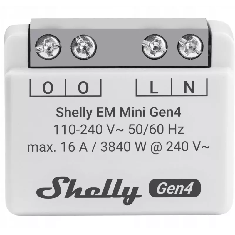 Viedais relejs Shelly Relay EM Mini Gen4 1 kanāla Wi‑Fi Matter Zigbee Bluetooth 8A, 110–240V, enerģijas skaitītājs