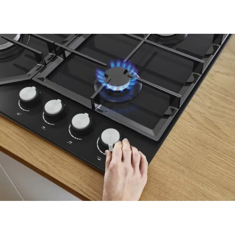 Gāzes plīts virsma Gorenje GT641KB, iebūvējama 60 cm, 4 gāzes zonas, rūdīts stikls, čuguna restes, grozāmie slēdži
