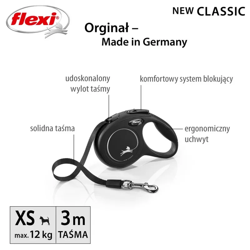 Izvelkamā siksna Flexi New Classic Cat XS 3 m — auklas pavada maziem mājdzīvniekiem, melna, maksimālā slodze 8 kg