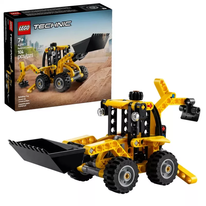Konstrukciju komplekts LEGO Technic Backhoe Loader 42197 — šarnīrveida stūre, strādājošs iekrāvējs, 104 gab., ieteicamais vecums 7+