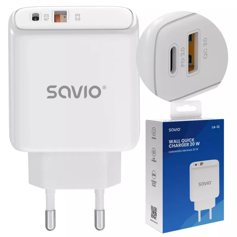 Savio LA-12 mobilās ierīces lādētājs Universāls Balts AC Ātrā uzlāde Iekštelpām