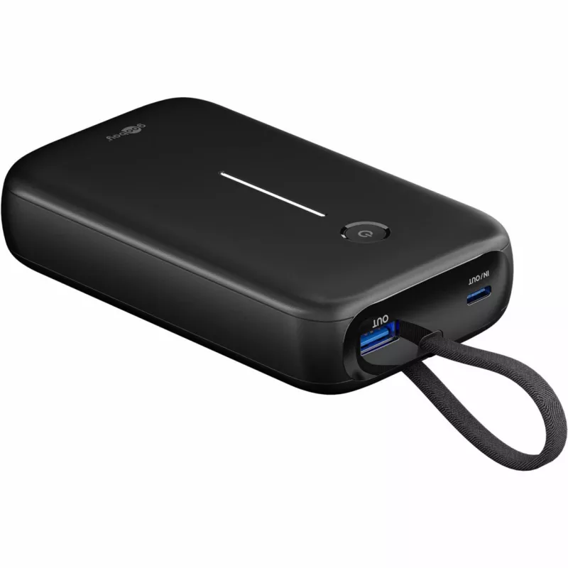 Powerbank 20.000 mAh, integrēts USB-C kabelis 13 cm, 30 W (melns, 20 Ah, 1x USB-A, 2x USB-C, PD, QC)