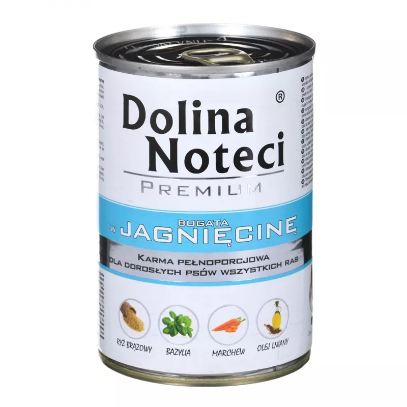 Mitrā suņu barība dolina noteci Premium bagāta ar jēru 400 g — pilnvērtīgs konservēts uzturs pieaugušiem suņiem, 75% mitruma, 12% olbaltumvielu