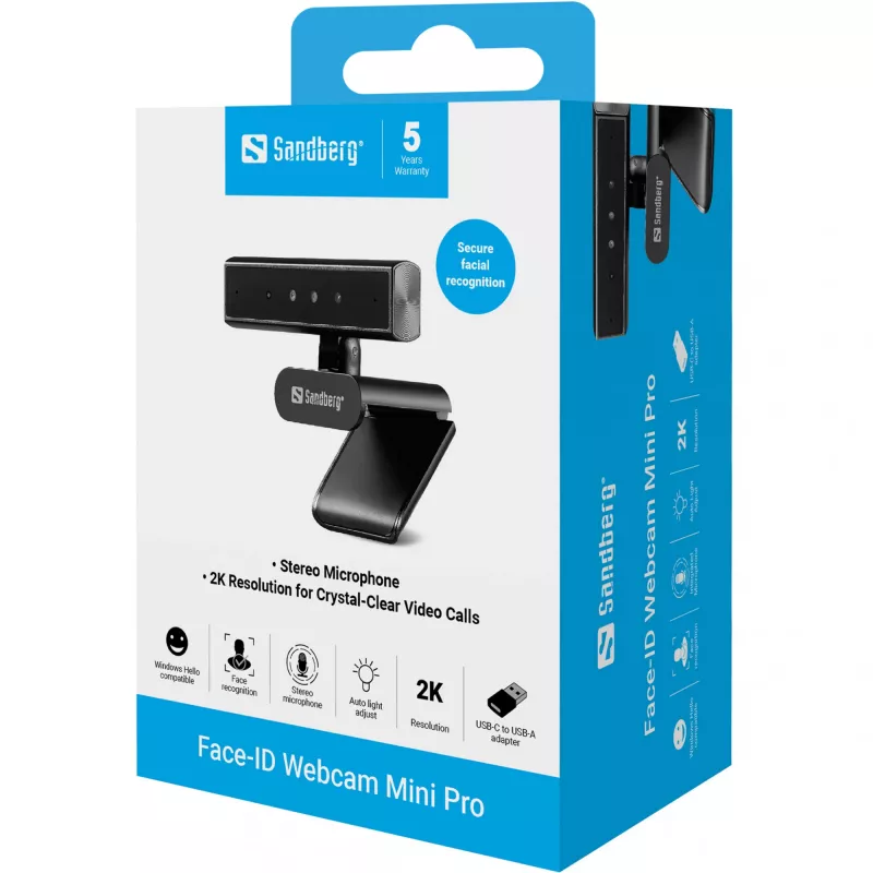 Sandberg Face-ID Webcam Mini Pro 5 MP 2K Ultra HD USB-C tīmekļa kamera