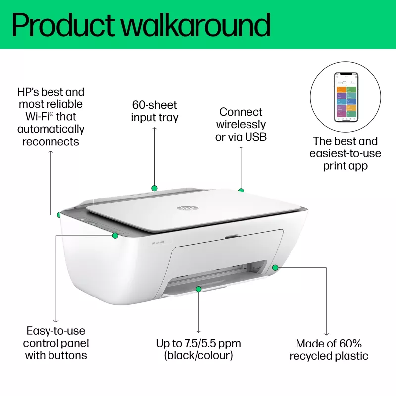 HP DeskJet 2820e bezvadu daudzfunkciju krāsu printeris, Instant Ink; kopētājs, skeneris