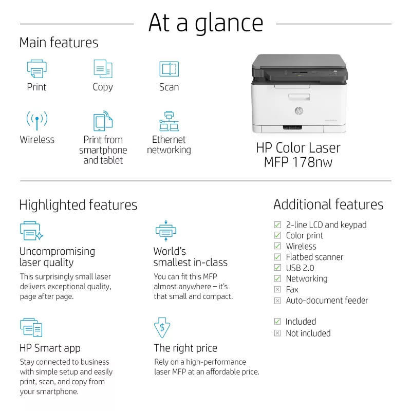 Daudzfunkciju lāzerprinteris HP Color Laser MFP 178nw — Krāsu druka, A4, 18 lpp/min (m/b), Wi‑Fi, Ethernet, Dupleksā skenēšana