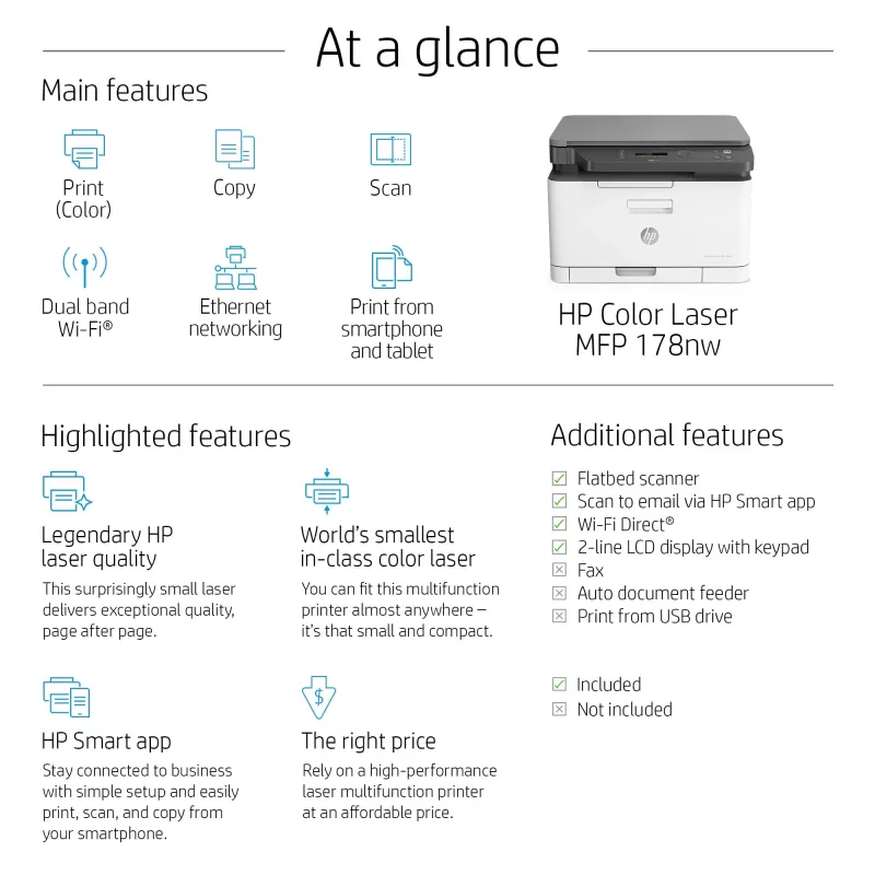 Daudzfunkciju lāzerprinteris HP Color Laser MFP 178nw — Krāsu druka, A4, 18 lpp/min (m/b), Wi‑Fi, Ethernet, Dupleksā skenēšana