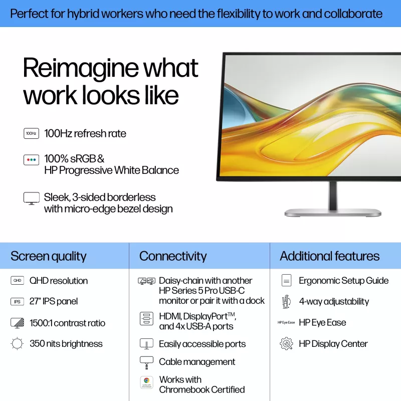 HP Series 5 Pro 27 collu QHD monitors - 527pq, 68,6 cm (27 colli), 2560 x 1440 pikseļi, Quad HD, LCD, 5 ms, Melns