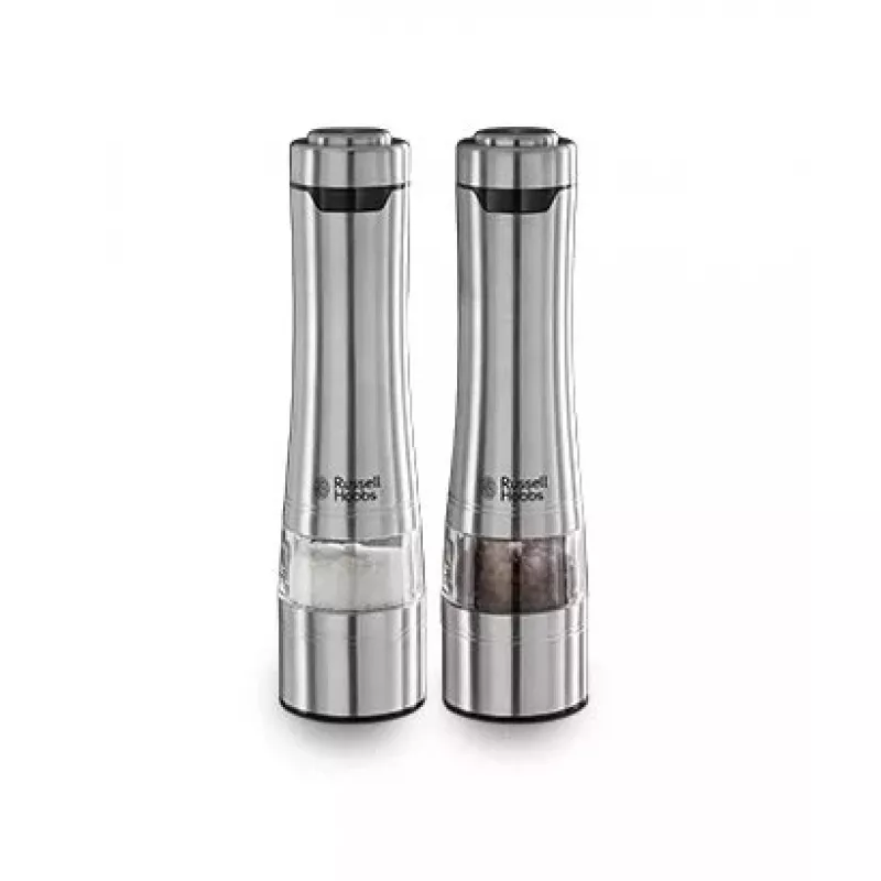 Sāls un piparu dzirnaviņu komplekts Russell Hobbs 23460-56 — nerūsējošais tērauds, regulējamas keramikas dzirnaviņas, darbojas ar baterijām (4×AA), skata lodziņš, fona apgaismojums