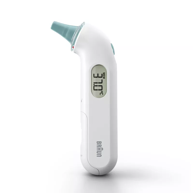 Kontakta auss termometrs BRAUN ThermoScan 3 IRT3030 — mērījumi 34–42,2°C, 1 s, LCD, skaņas signāls, balts
