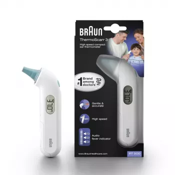 Kontakta auss termometrs BRAUN ThermoScan 3 IRT3030 — mērījumi 34–42,2°C, 1 s, LCD, skaņas signāls, balts
