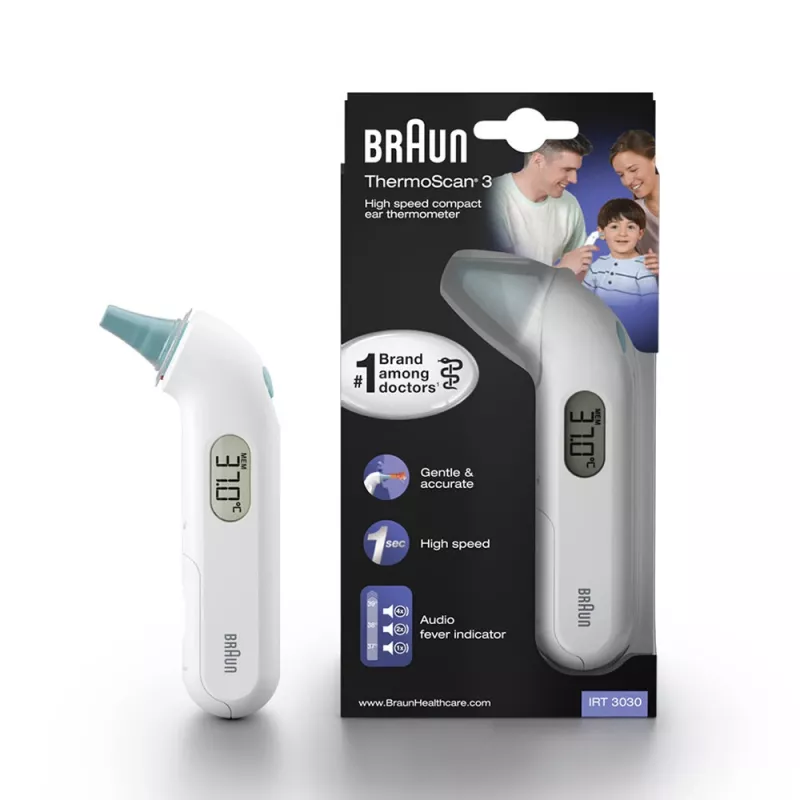 Kontakta auss termometrs BRAUN ThermoScan 3 IRT3030 — mērījumi 34–42,2°C, 1 s, LCD, skaņas signāls, balts