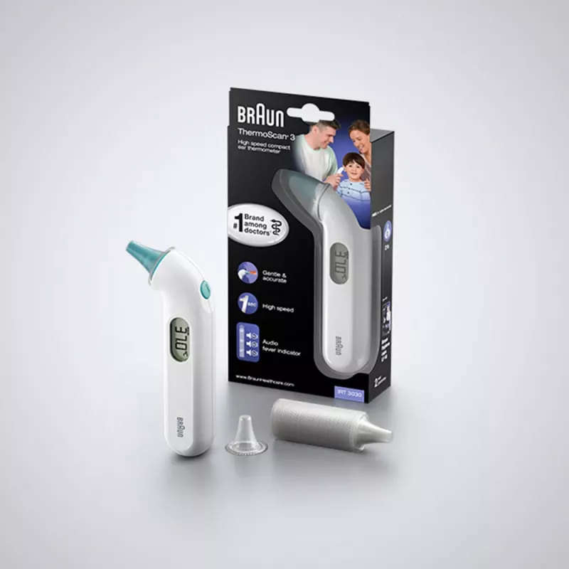 Kontakta auss termometrs BRAUN ThermoScan 3 IRT3030 — mērījumi 34–42,2°C, 1 s, LCD, skaņas signāls, balts