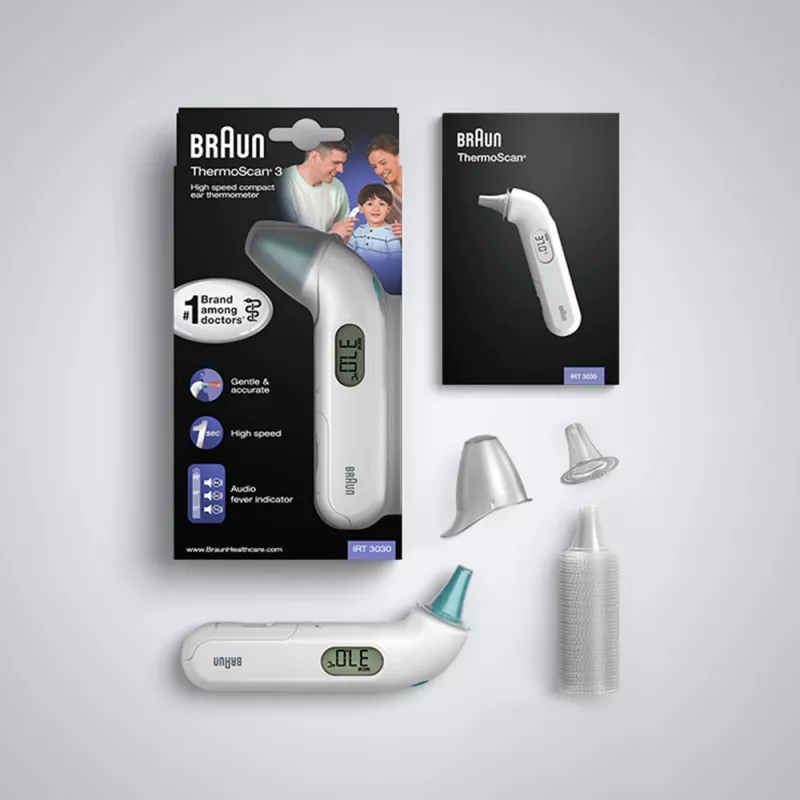Kontakta auss termometrs BRAUN ThermoScan 3 IRT3030 — mērījumi 34–42,2°C, 1 s, LCD, skaņas signāls, balts